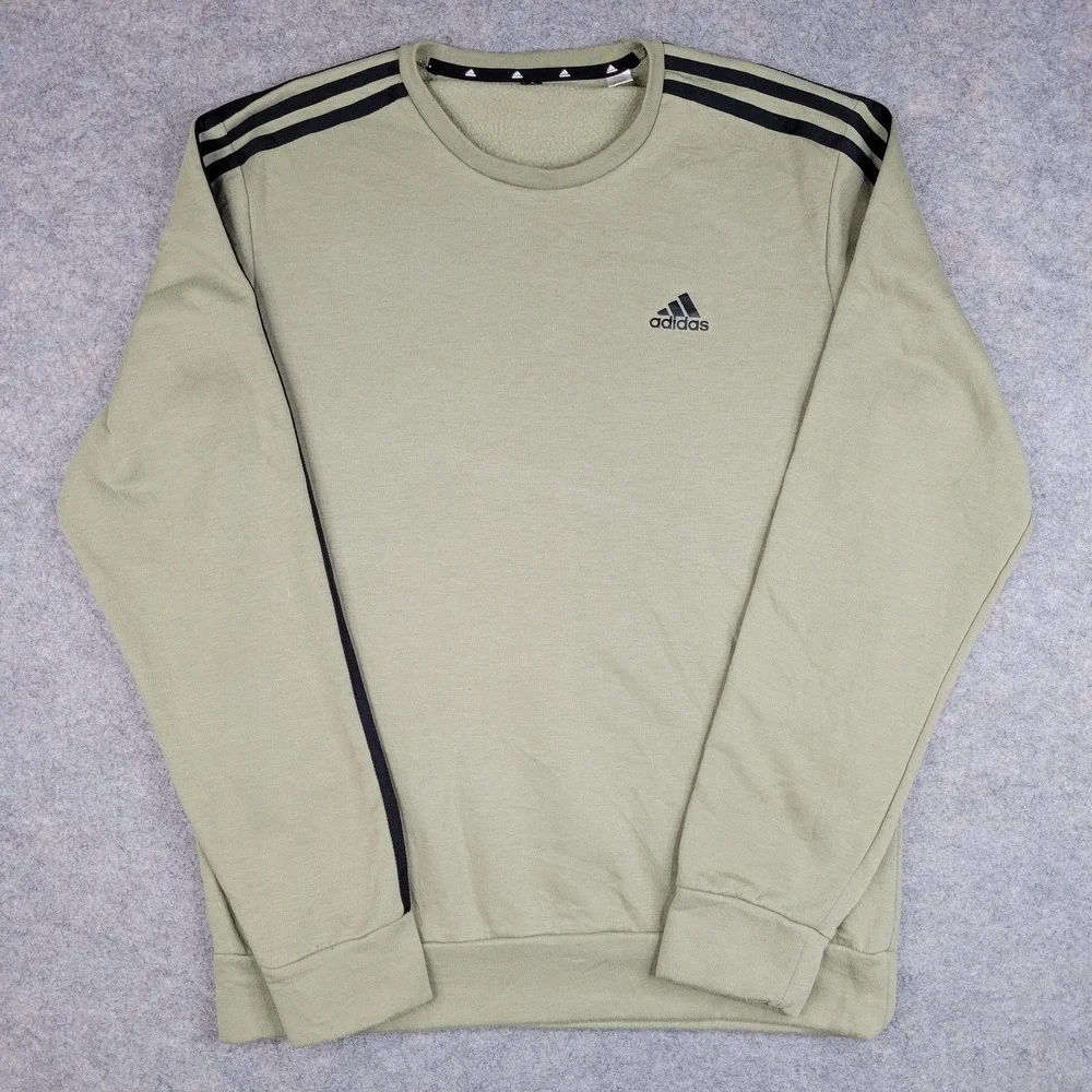 Adidas Sweatshirt Mens Medium Green Fleece Pullover‎ Crewneck 3-Stripes H44049